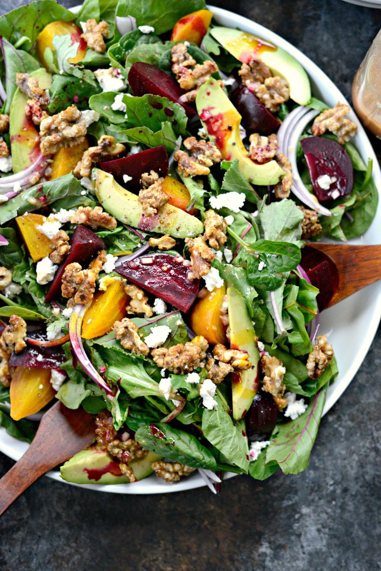 Roasted Beet Salad with Avocado, Goat Cheese, Candied Walnuts and Honey