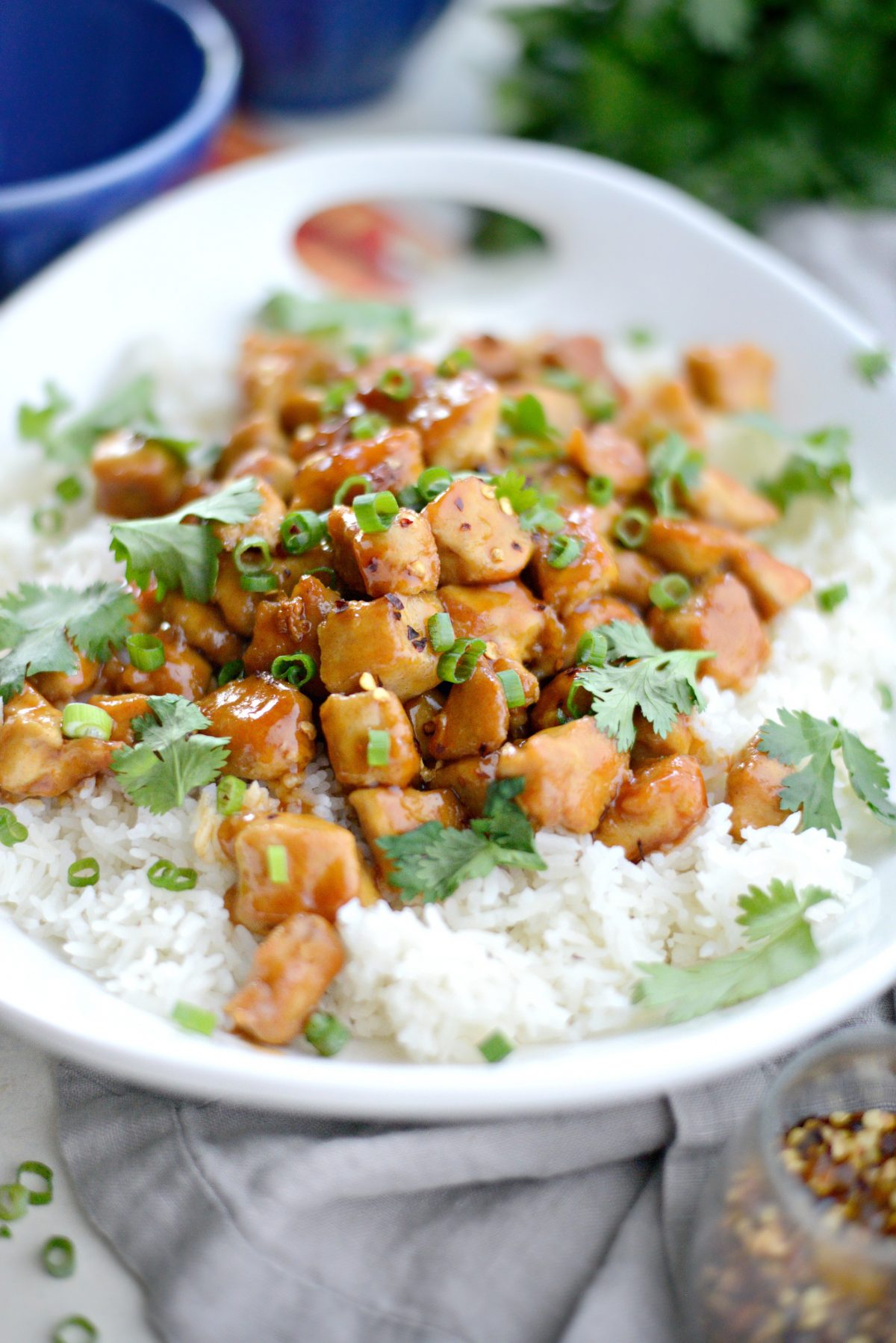 side shot of firecracker chicken with chili flakes, green onion and cilantro leaves