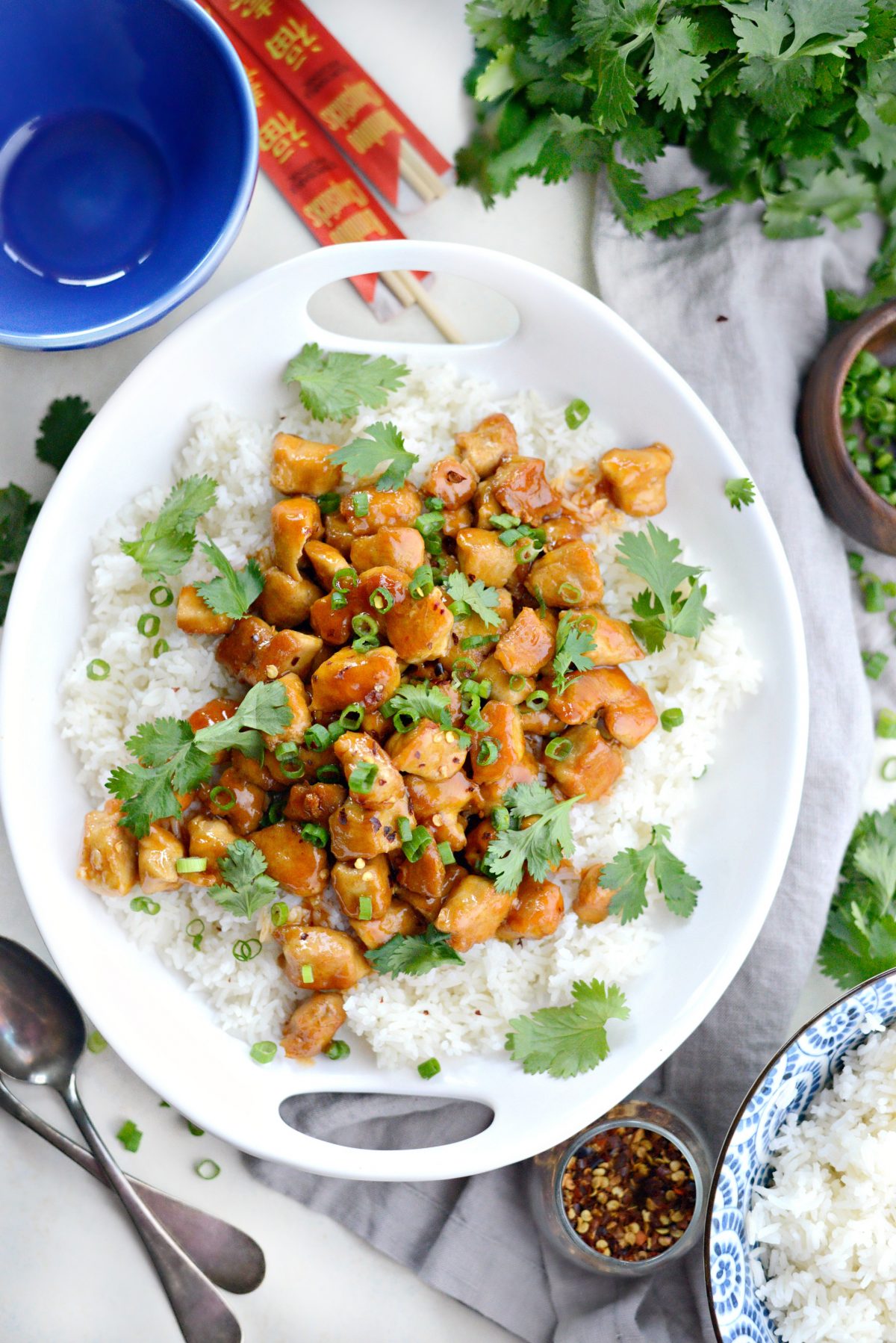 sprinkle of fresh cilantro, green onions and chili flakes over final dish