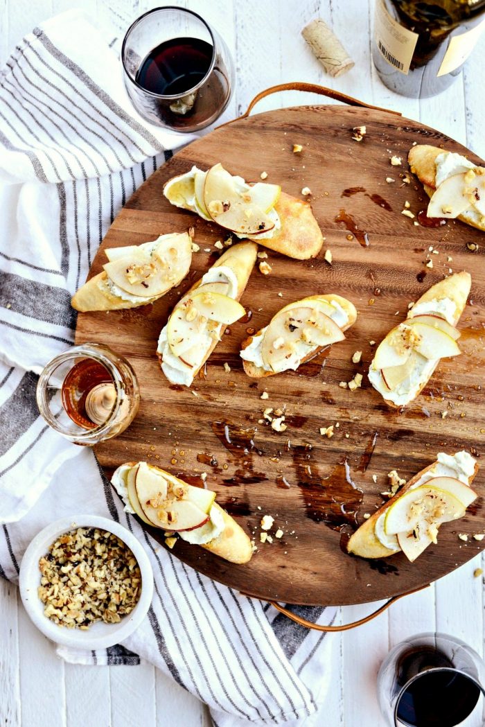 Whipped Blue Cheese Crostini with Pears and Honey l SimplyScratch.com #holiday #appetizer #pear #bluecheese #crostini #walnuts #honey