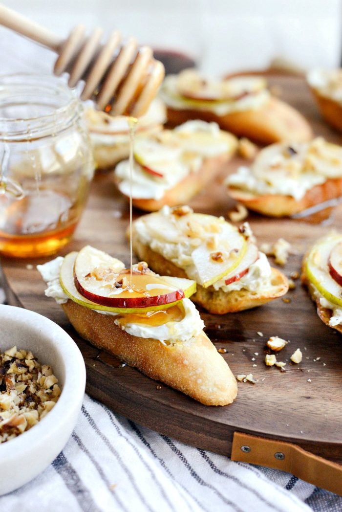 Whipped Blue Cheese Crostini with Pears and Honey l SimplyScratch.com #holiday #appetizer #pear #bluecheese #crostini #walnuts #honey