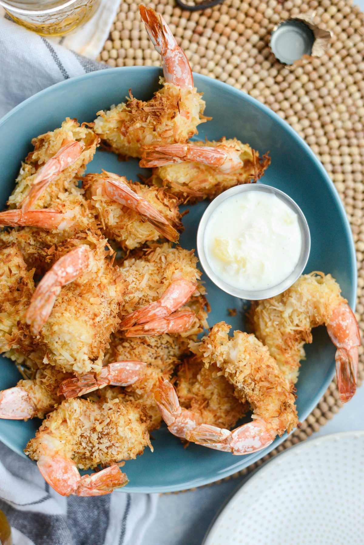 Air-Fryer Coconut Shrimp with Pineapple Coconut Yogurt Dip in blue dish