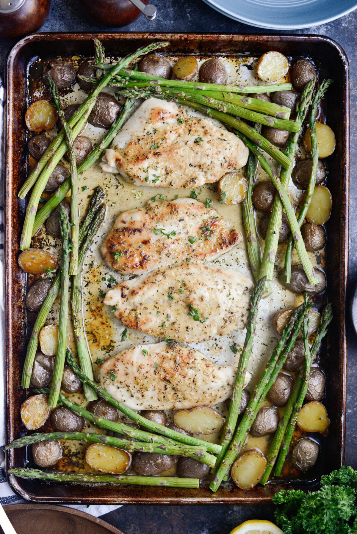 Honey Dijon Chicken Sheet Pan Dinner l SimplyScratch.com #sheetpan #chicken #asparagus #potato #easydinner