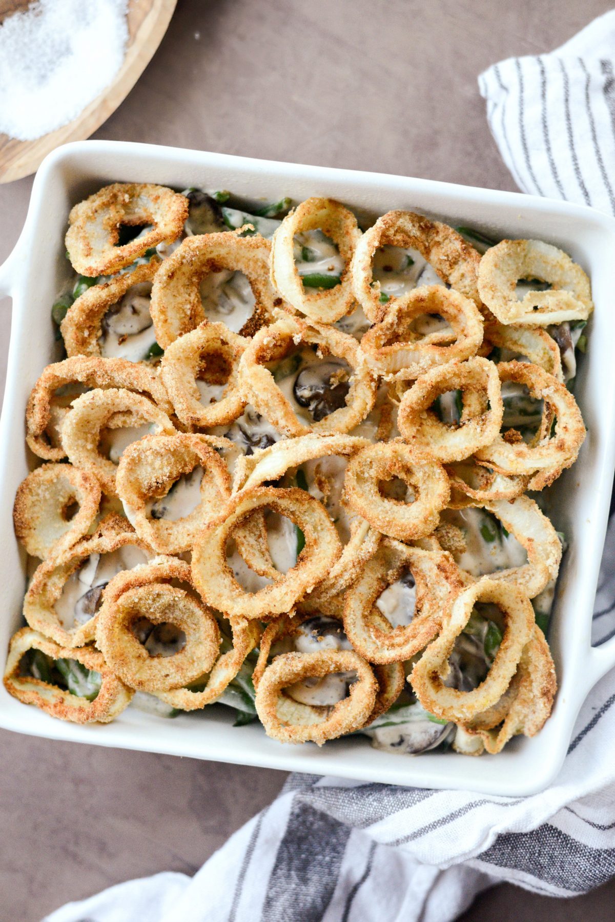 Fresh Green Bean Casserole with Onion Ring Topping l SimplyScratch.com