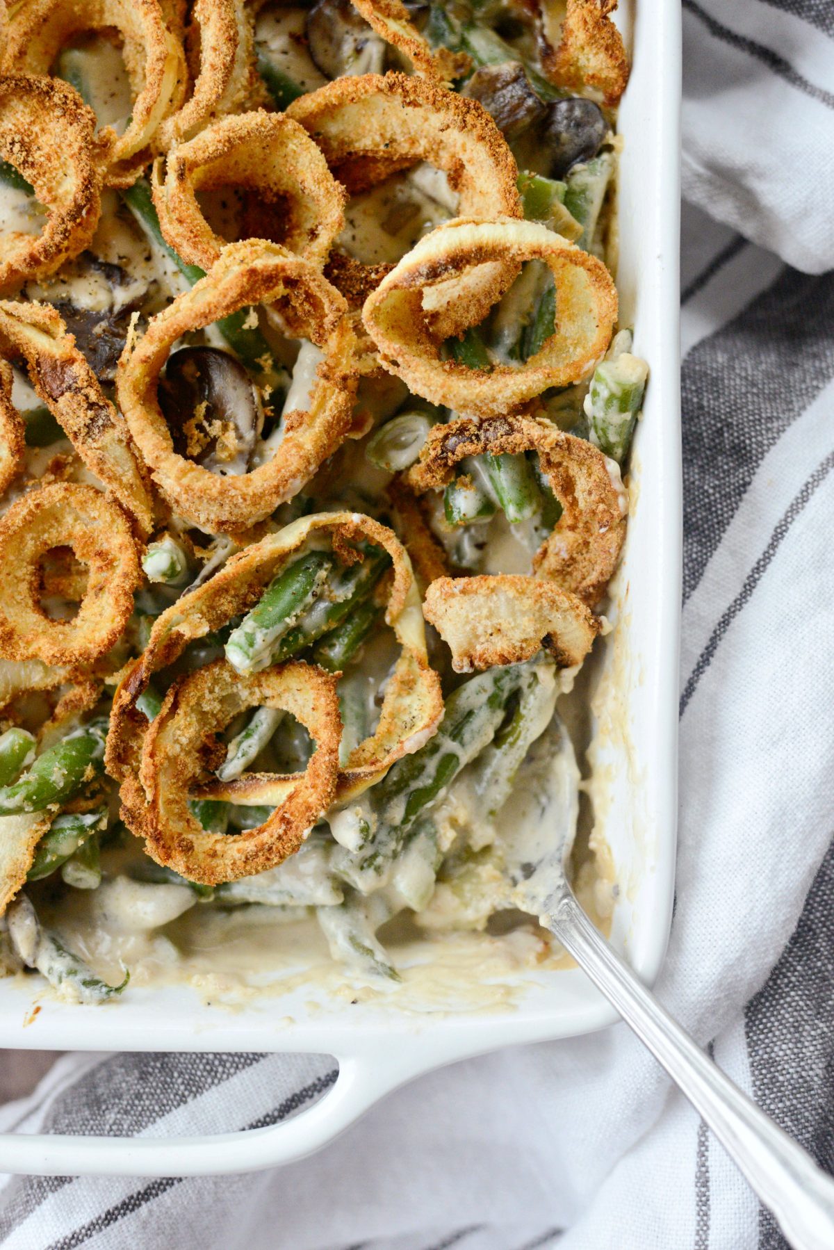 Fresh Green Bean Casserole with Onion Ring Topping l SimplyScratch.com #thanksgiving #sidedish #greenbean #casserole #fromscratch #homemade #onionring