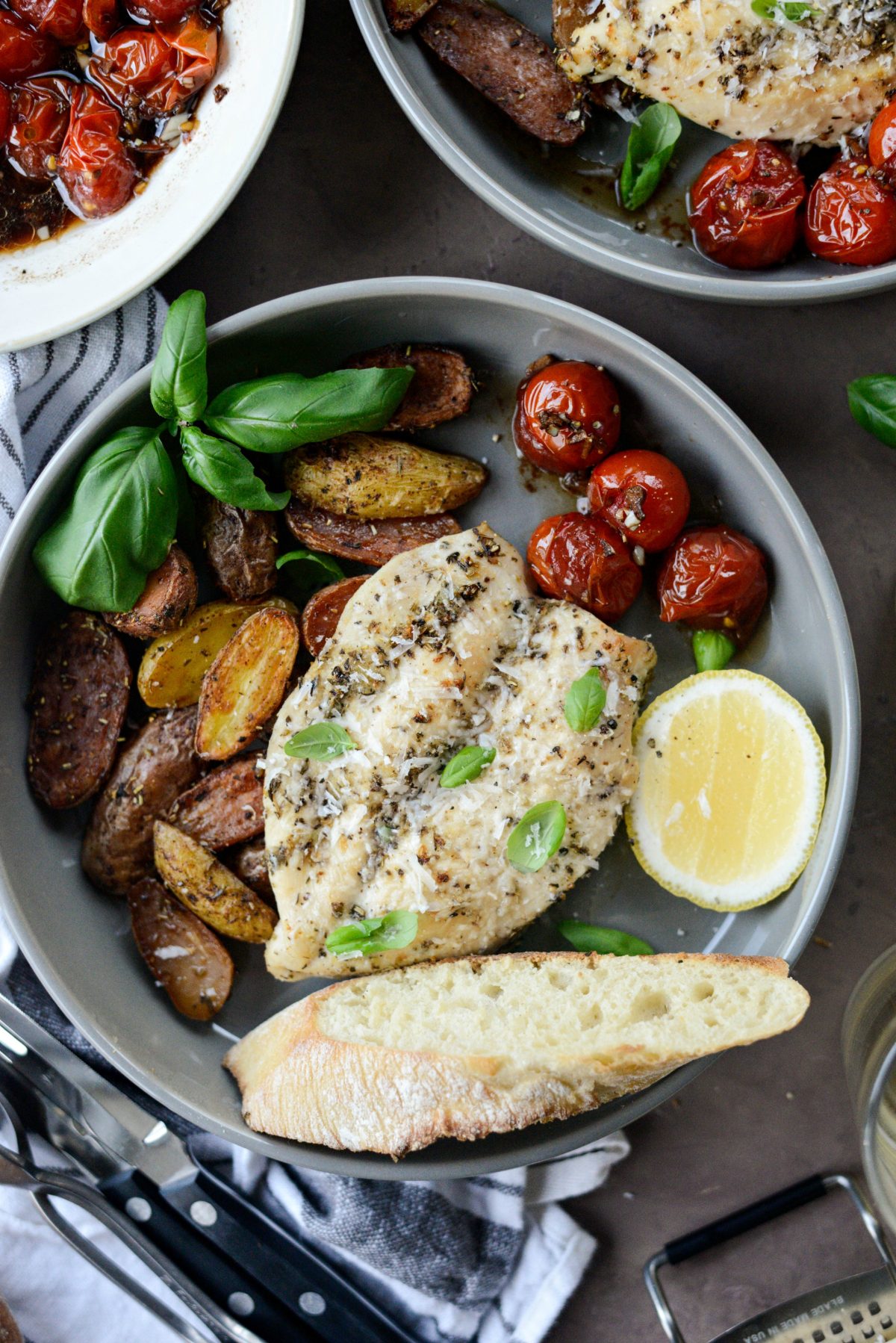 Tuscan Chicken and Potato Sheet Pan Dinner with Balsamic Burst Tomatoes l SimplyScratch.com 