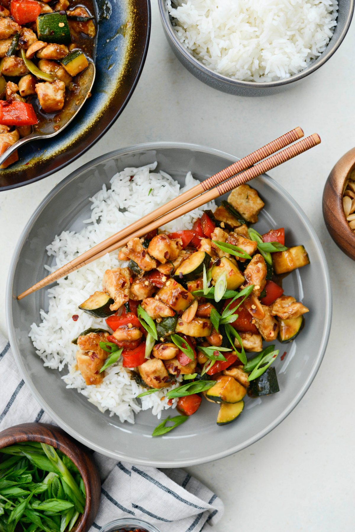 close up of final Kung Pao Chicken Stir-fry and rice