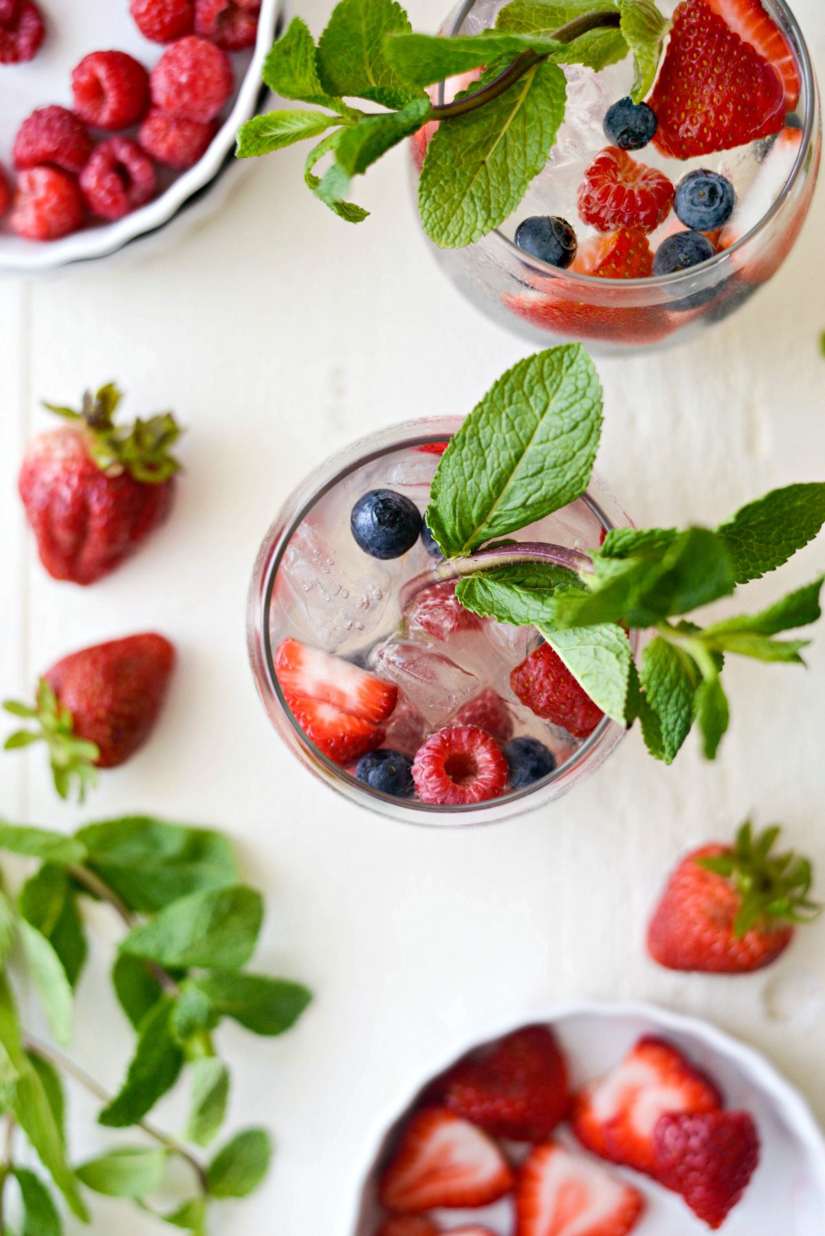 clear glass with ice and Red, White and Blue Sangria