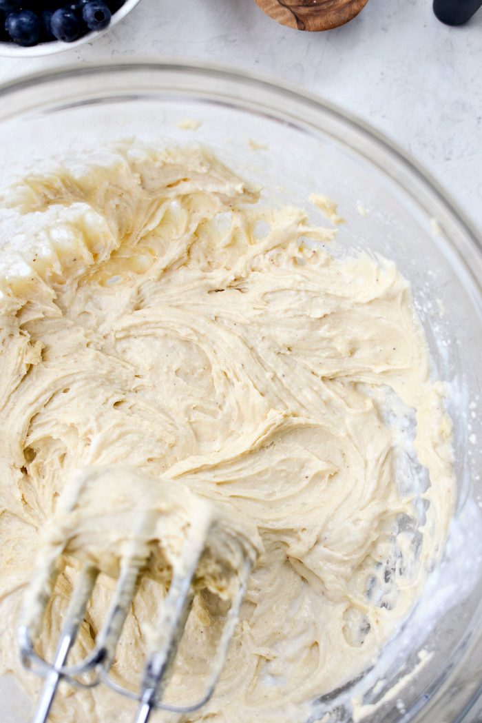 combined cake batter in bowl