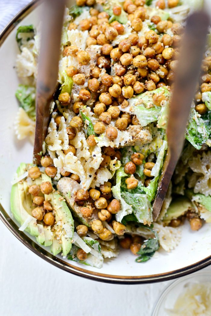 Chicken Caesar Pasta Salad l SimplyScratch.com #chicken #caesar #pastasalad #recipe #avocado #roastedchickpeas