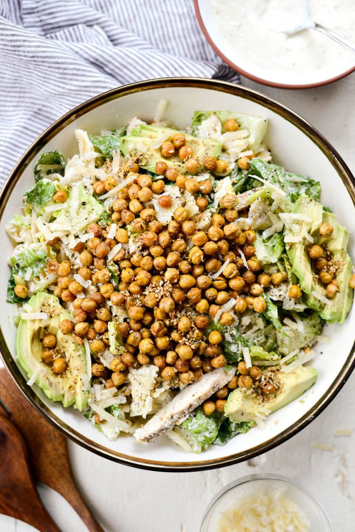 Chicken Caesar Pasta Salad l SimplyScratch.com #chicken #caesar #pastasalad #recipe #avocado #roastedchickpeas