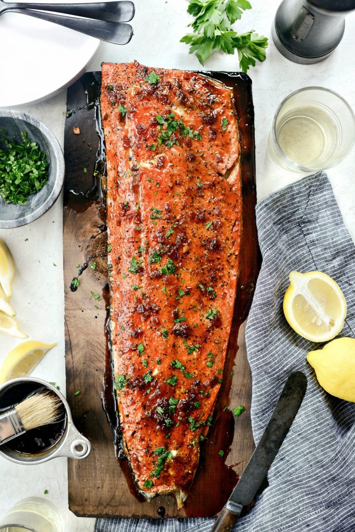 Grilled Whiskey Glazed Cedar Plank Salmon l SimplyScratch.com #grilled #salmon #cedarplank #whiskeyglaze #seafood #recipes