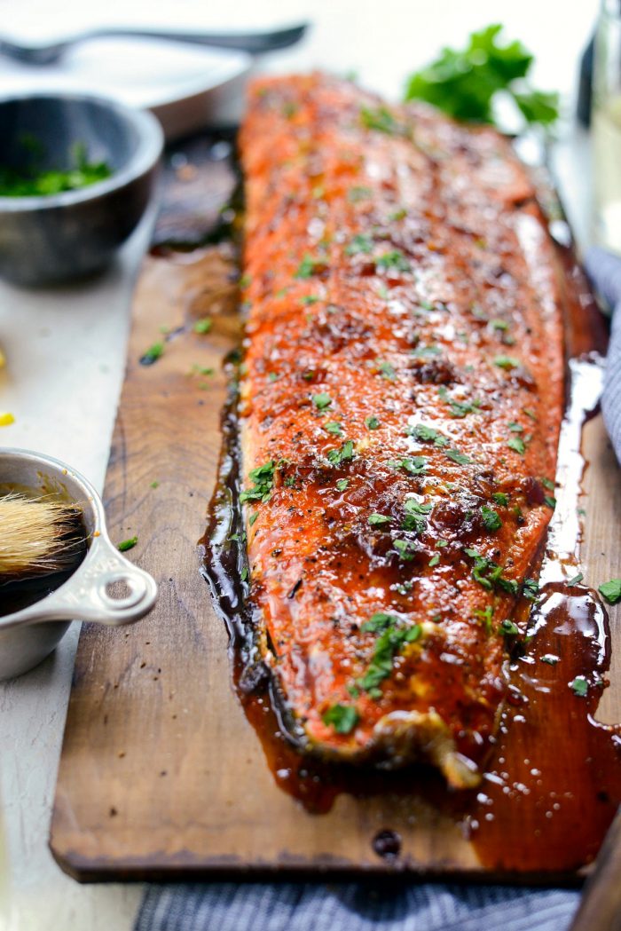 Grilled Whiskey Glazed Cedar Plank Salmon l SimplyScratch.com #grilled #salmon #cedarplank #whiskeyglaze #seafood #recipes