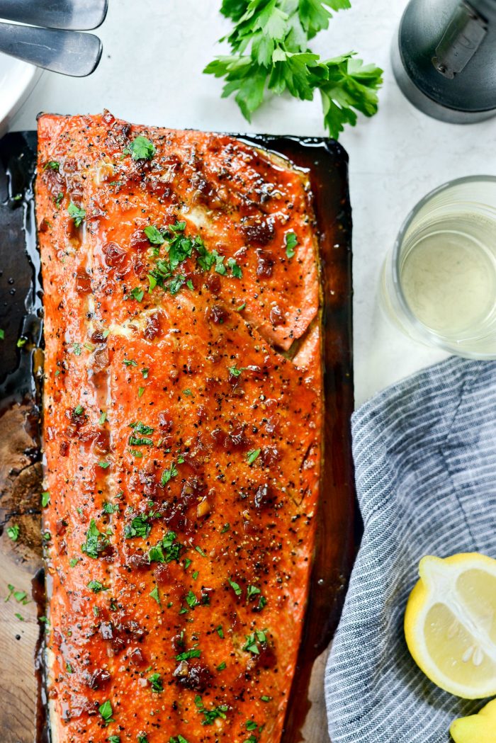 Grilled Whiskey Glazed Cedar Plank Salmon l SimplyScratch.com #grilled #salmon #cedarplank #whiskeyglaze #seafood #recipes