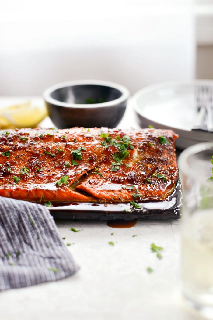 Grilled Whiskey Glazed Cedar Plank Salmon l SimplyScratch.com #grilled #salmon #cedarplank #whiskeyglaze #seafood #recipes