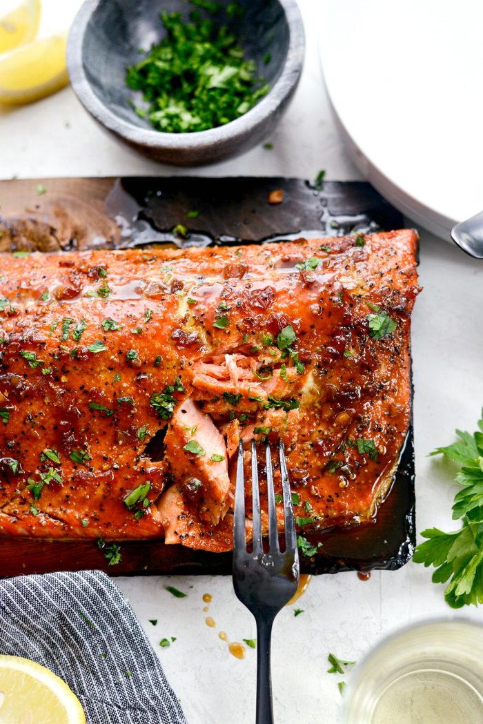 Grilled Whiskey Glazed Cedar Plank Salmon l SimplyScratch.com #grilled #salmon #cedarplank #whiskeyglaze #seafood #recipes