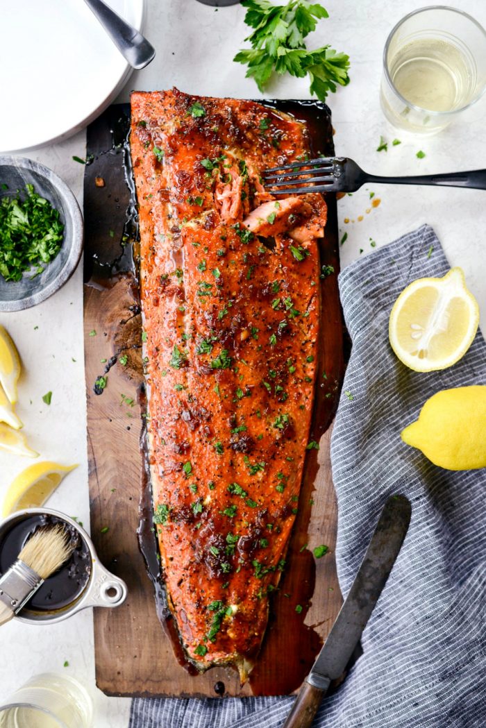 Grilled Whiskey Glazed Cedar Plank Salmon l SimplyScratch.com #grilled #salmon #cedarplank #whiskeyglaze #seafood #recipes