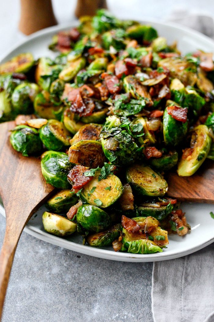 Caramelized Balsamic Glazed Brussels Sprouts l SimplyScratch.com #brussels #sprouts #bacon #sidedish #holiday #easy #recipe #balsamic #thanksgiving