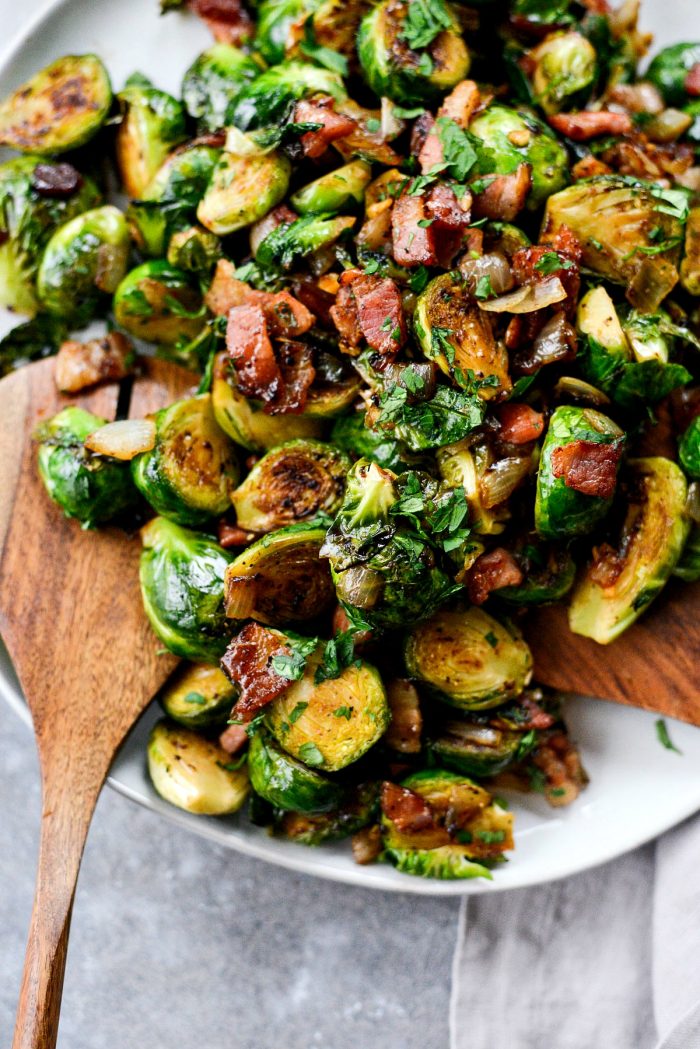 Caramelized Balsamic Glazed Brussels Sprouts l SimplyScratch.com #brussels #sprouts #bacon #sidedish #holiday #easy #recipe #balsamic #thanksgiving