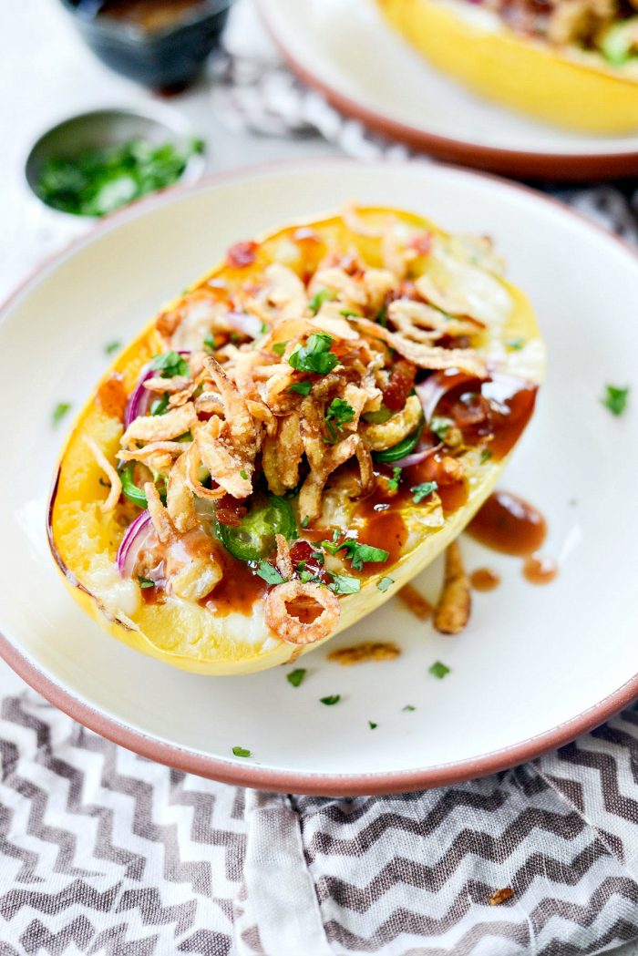 Chicken Bacon Jalapeño Spaghetti Squash l SimplyScratch.com #healthy #chicken #bbqsauce #bacon #jalapeno #stuffed #spaghettisquash #ww #simplyscratch