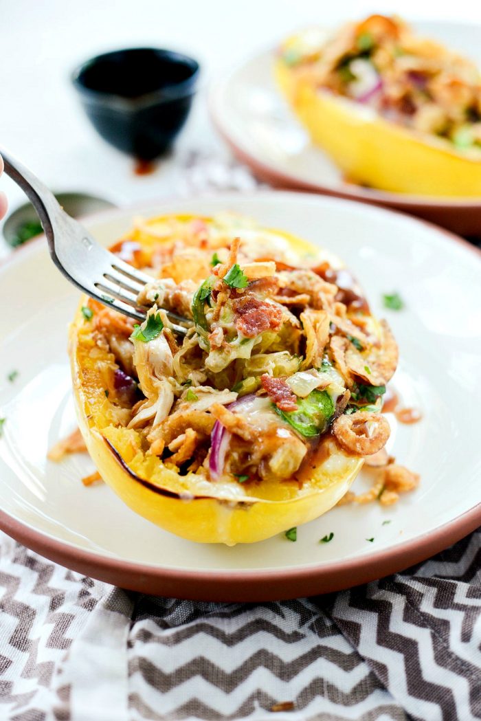 Chicken Bacon Jalapeño Spaghetti Squash l SimplyScratch.com #healthy #chicken #bbqsauce #bacon #jalapeno #stuffed #spaghettisquash #ww #simplyscratch