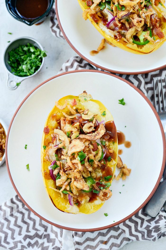 Chicken Bacon Jalapeño Spaghetti Squash l SimplyScratch.com #healthy #chicken #bbqsauce #bacon #jalapeno #stuffed #spaghettisquash #ww #simplyscratch