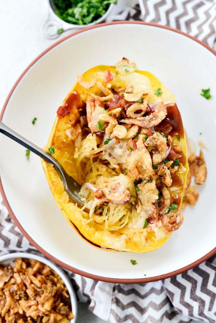 Chicken Bacon Jalapeño Spaghetti Squash l SimplyScratch.com #healthy #chicken #bbqsauce #bacon #jalapeno #stuffed #spaghettisquash #ww #simplyscratch