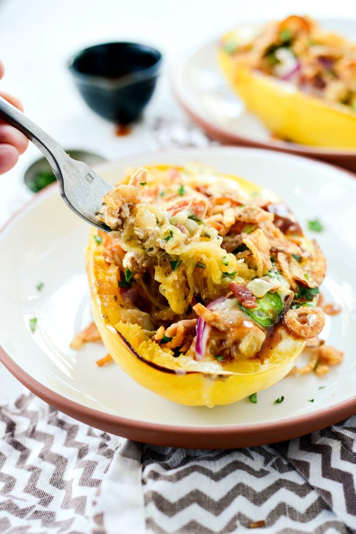 Chicken Bacon Jalapeño Spaghetti Squash l SimplyScratch.com #healthy #chicken #bbqsauce #bacon #jalapeno #stuffed #spaghettisquash #ww #simplyscratch