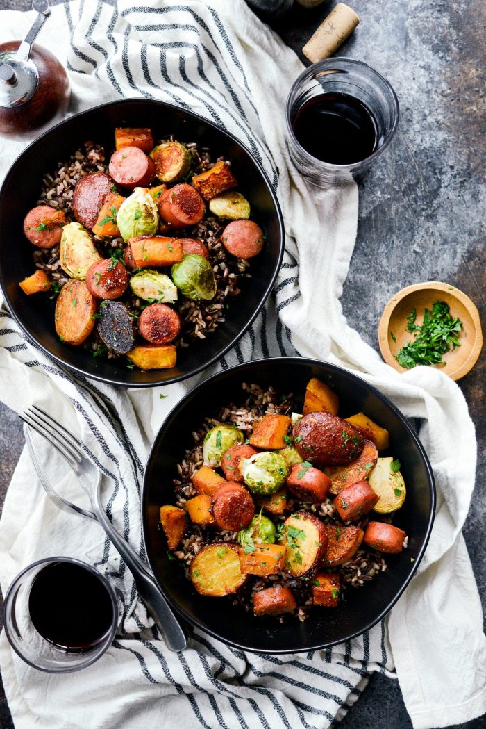 Smoked Sausage and Vegetable Sheet Pan Dinner l SimplyScratch.com #easy #sausage #vegetables #sheetpan #dinner #recipe #simplyscratch #butternutsquash #brusselssprouts