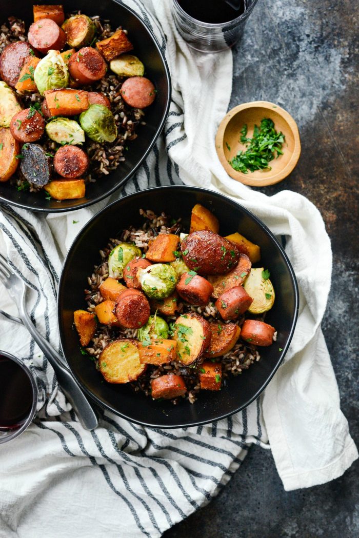 Smoked Sausage and Vegetable Sheet Pan Dinner l SimplyScratch.com #easy #sausage #vegetables #sheetpan #dinner #recipe #simplyscratch #butternutsquash #brusselssprouts