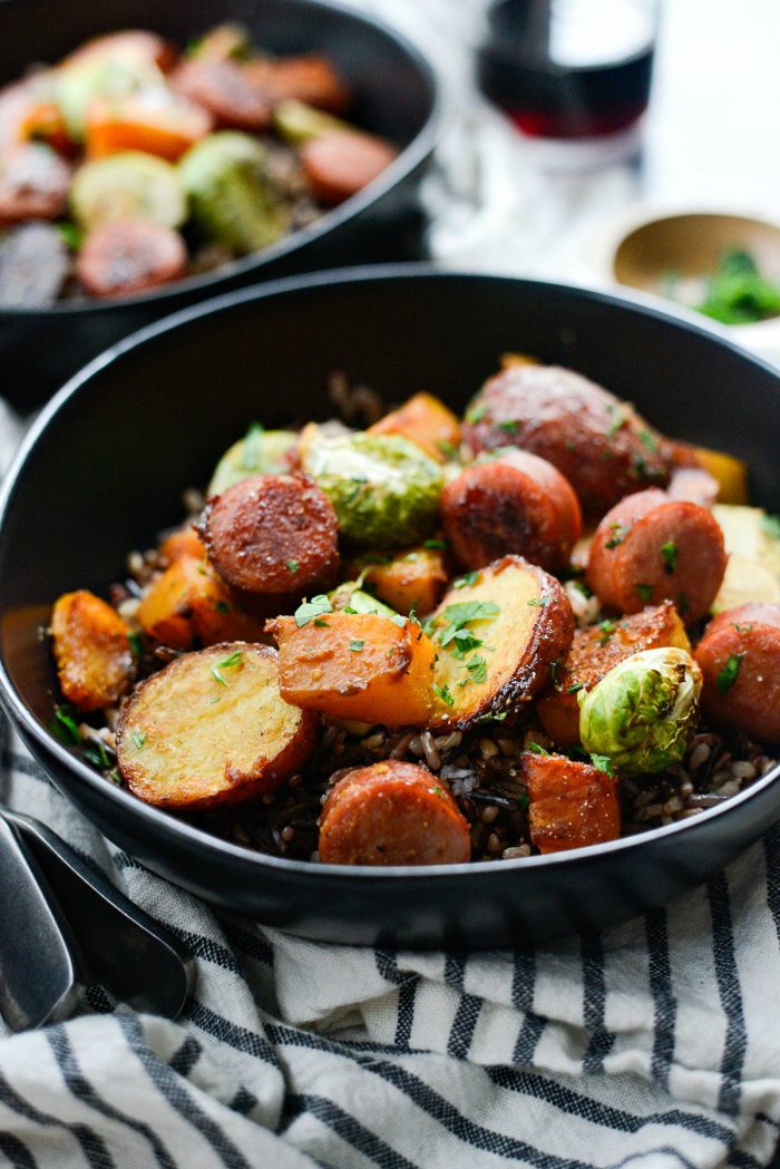 Smoked Sausage and Vegetable Sheet Pan Dinner l SimplyScratch.com #easy #sausage #vegetables #sheetpan #dinner #recipe #simplyscratch #butternutsquash #brusselssprouts