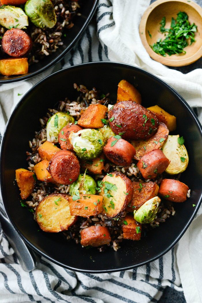 Smoked Sausage and Vegetable Sheet Pan Dinner l SimplyScratch.com #easy #sausage #vegetables #sheetpan #dinner #recipe #simplyscratch #butternutsquash #brusselssprouts