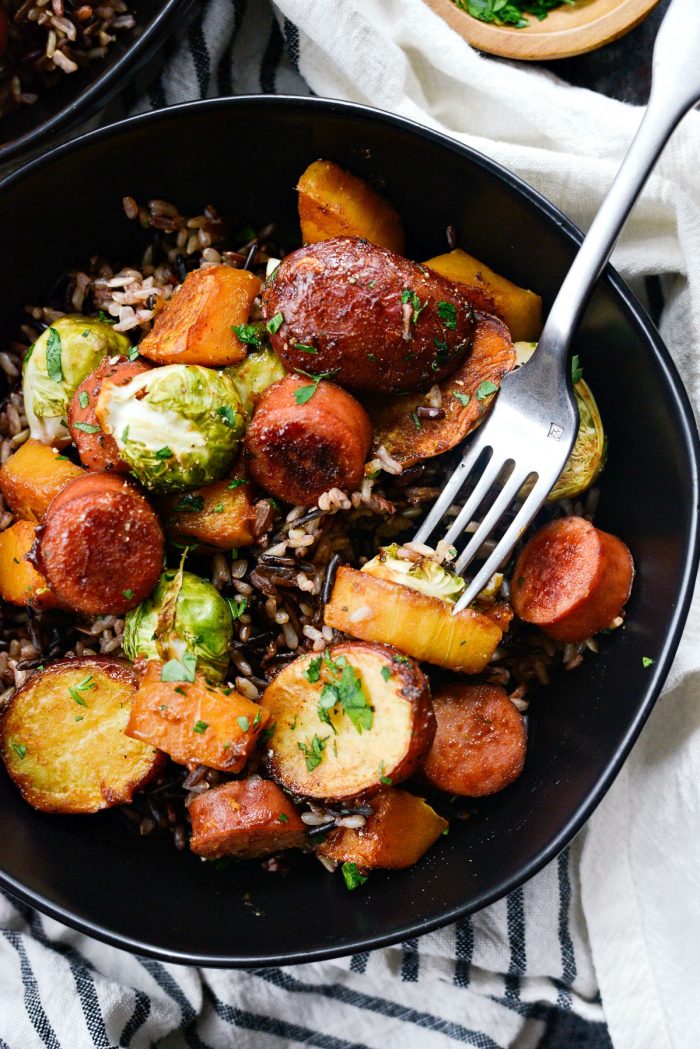 Smoked Sausage and Vegetable Sheet Pan Dinner l SimplyScratch.com #easy #sausage #vegetables #sheetpan #dinner #recipe #simplyscratch #butternutsquash #brusselssprouts