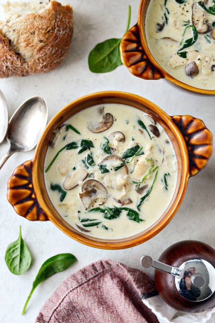 Chicken Forester Soup l SimplyScratch.com #chicken #mushroom #spinach #rice #soup #fromscratch #easy