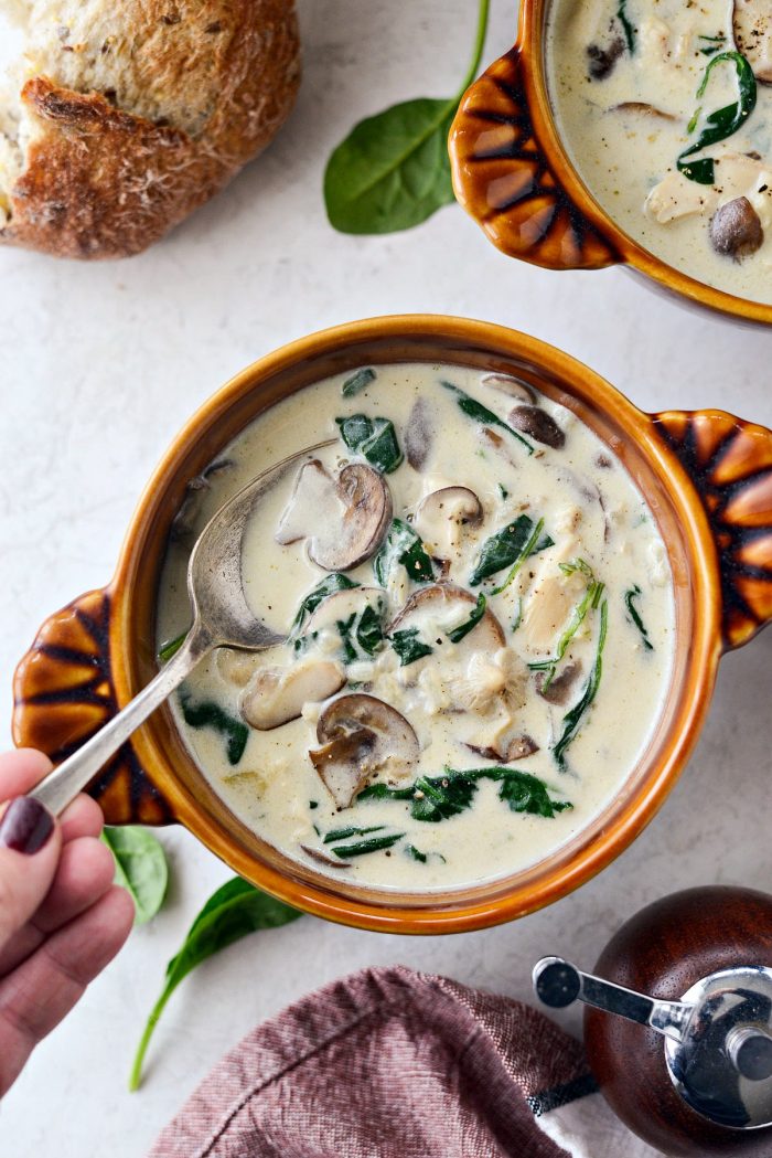 Chicken Forester Soup l SimplyScratch.com #chicken #mushroom #spinach #rice #soup #fromscratch #easy