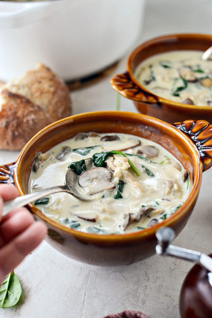 Chicken Forester Soup l SimplyScratch.com #chicken #mushroom #spinach #rice #soup #fromscratch #easy