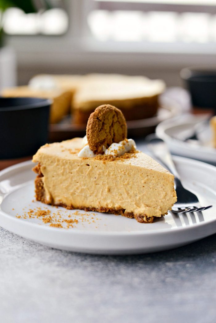 No-Bake Pumpkin Cheesecake with Gingersnap Crust l SimplyScratch.com #homemade #nobake #pumpkin #cheesecake #gingersnap #cookie #crust #thanksgiving #holiday #dessert