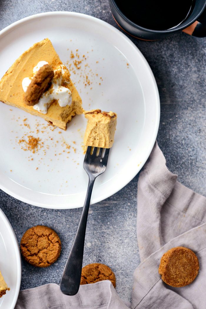 No-Bake Pumpkin Cheesecake with Gingersnap Crust l SimplyScratch.com #homemade #nobake #pumpkin #cheesecake #gingersnap #cookie #crust #thanksgiving #holiday #dessert