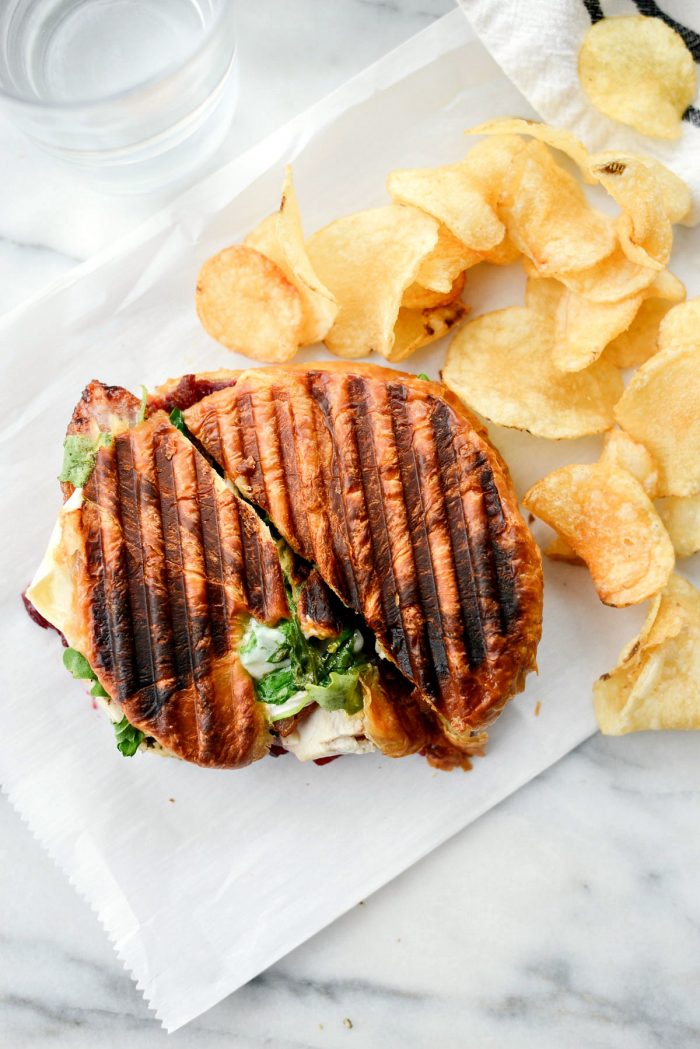 Turkey Cranberry Croissant Panini l SimplyScratch.com #leftover #turkey #recipe #sandwich #panini #cranberry #bacon #thanksgiving #thanksgivinglefoterrecipes