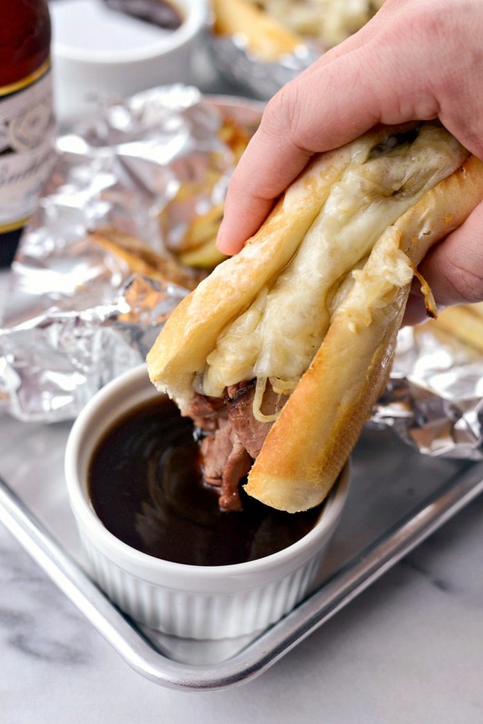 Easy French Dip Sandwiches l SimplyScratch.com #beef #frenchdip #sandwich #quick #easy #gameday #partyfood 