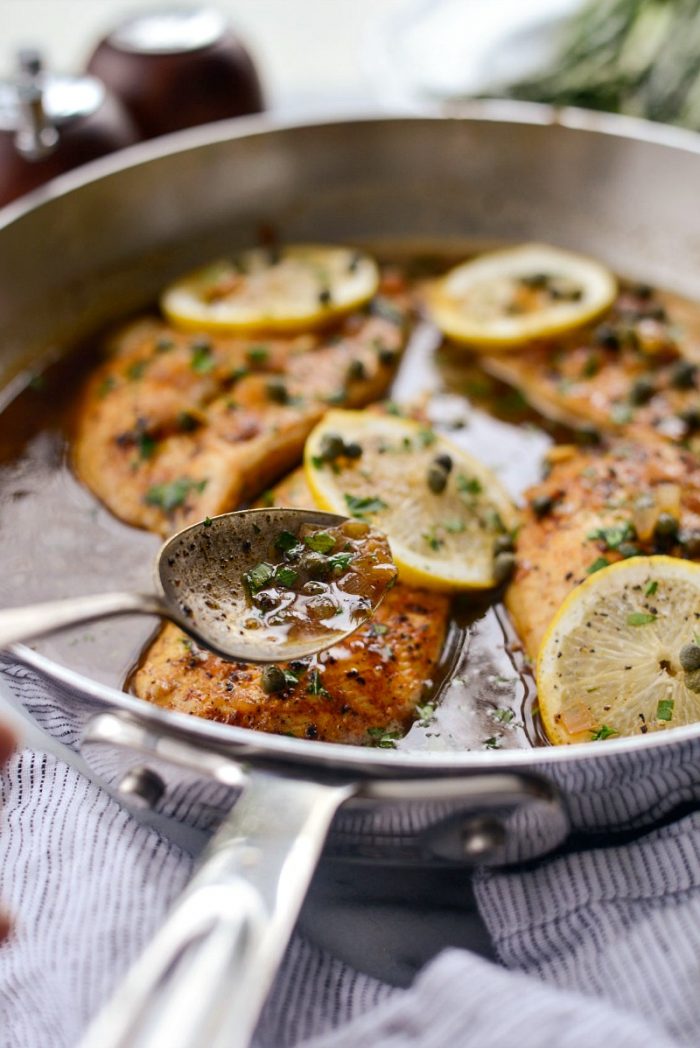 Lighter Chicken Piccata l SimplyScratch.com #healthy #lighter #chicken #piccata #easy #skillet #lemon #caper #sauce #fromscratch