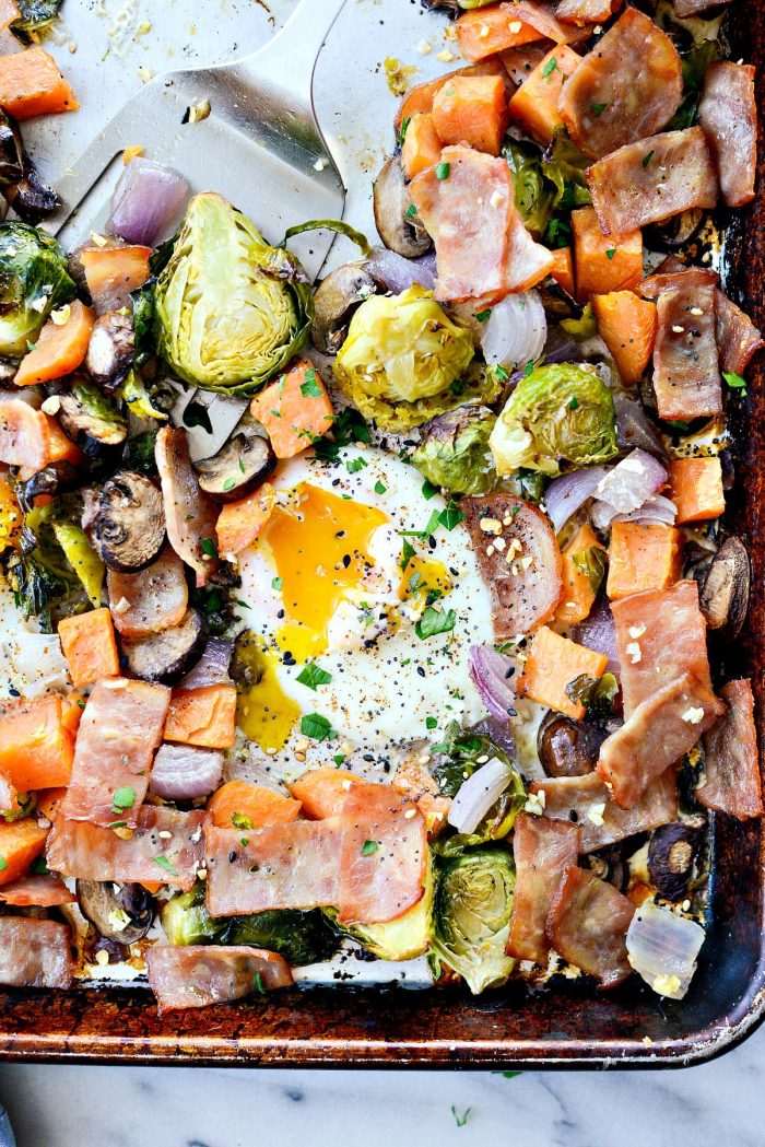 Sheet Pan Breakfast Hash l SimplyScratch.com #easy #sheetpan #breakfast #bacon #eggs #brussels #sprouts #sweetpotato