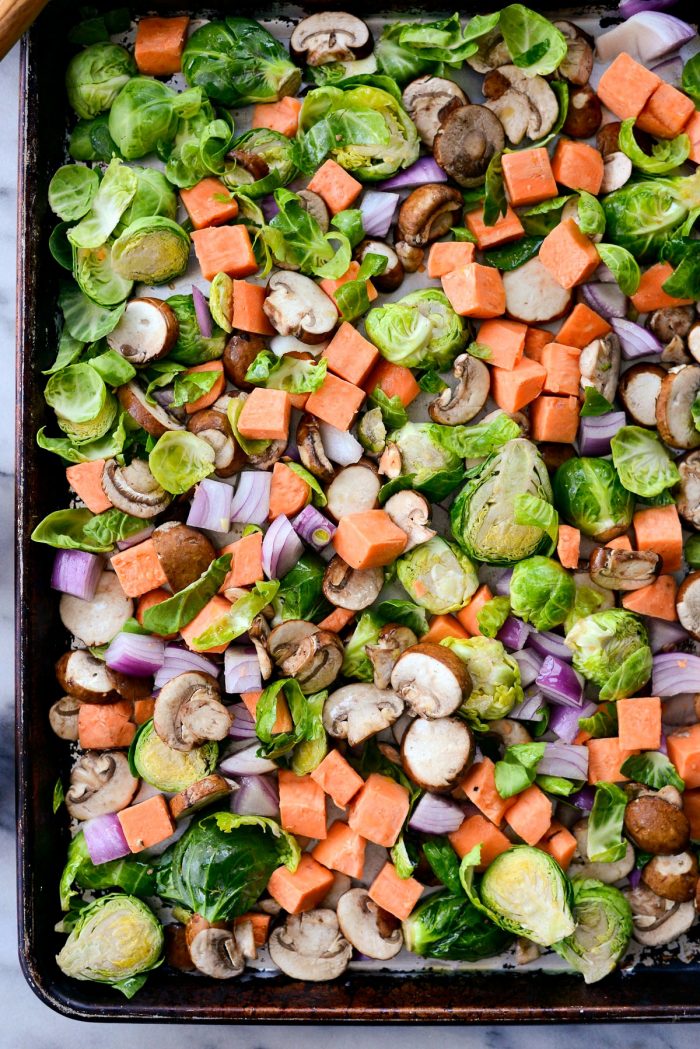 Sheet Pan Breakfast Hash l SimplyScratch.com #easy #sheetpan #breakfast #bacon #eggs #brussels #sprouts #sweetpotato