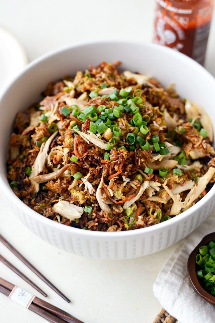 Sheet Pan Chicken Fried Rice l SimplyScratch.com #chicken #friedrice #sheetpan #sheetpandinners #leftovers #rice #easy