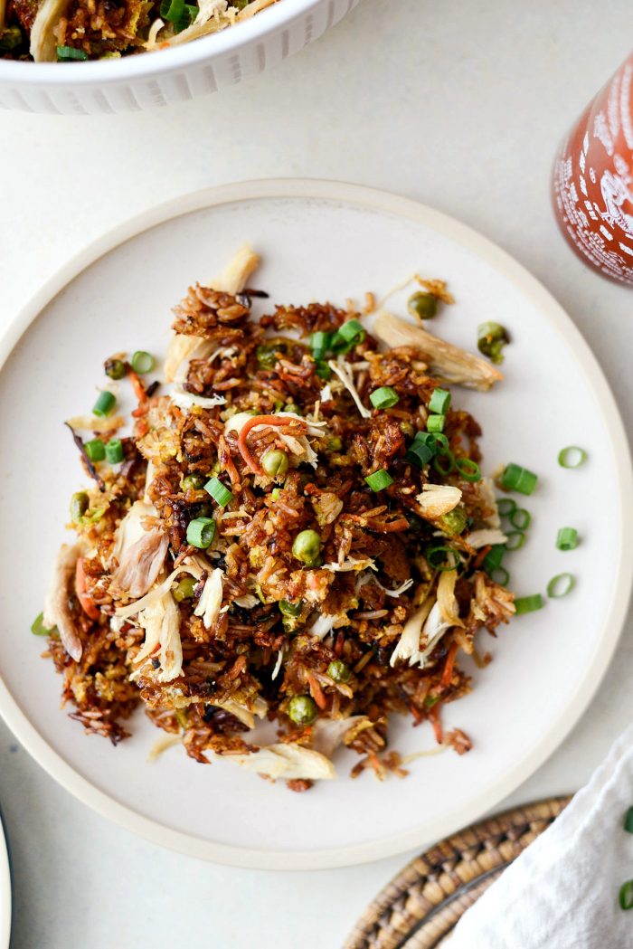 Sheet Pan Chicken Fried Rice l SimplyScratch.com #chicken #friedrice #sheetpan #sheetpandinners #leftovers #rice #easy