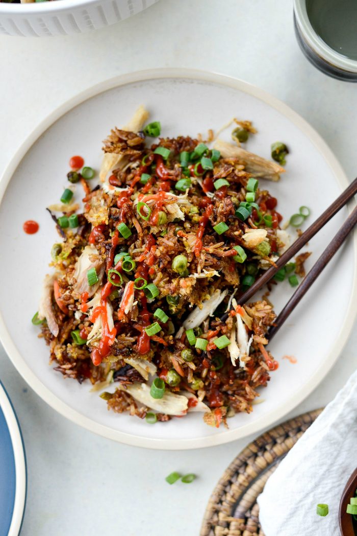 Sheet Pan Chicken Fried Rice l SimplyScratch.com #chicken #friedrice #sheetpan #sheetpandinners #leftovers #rice #easy