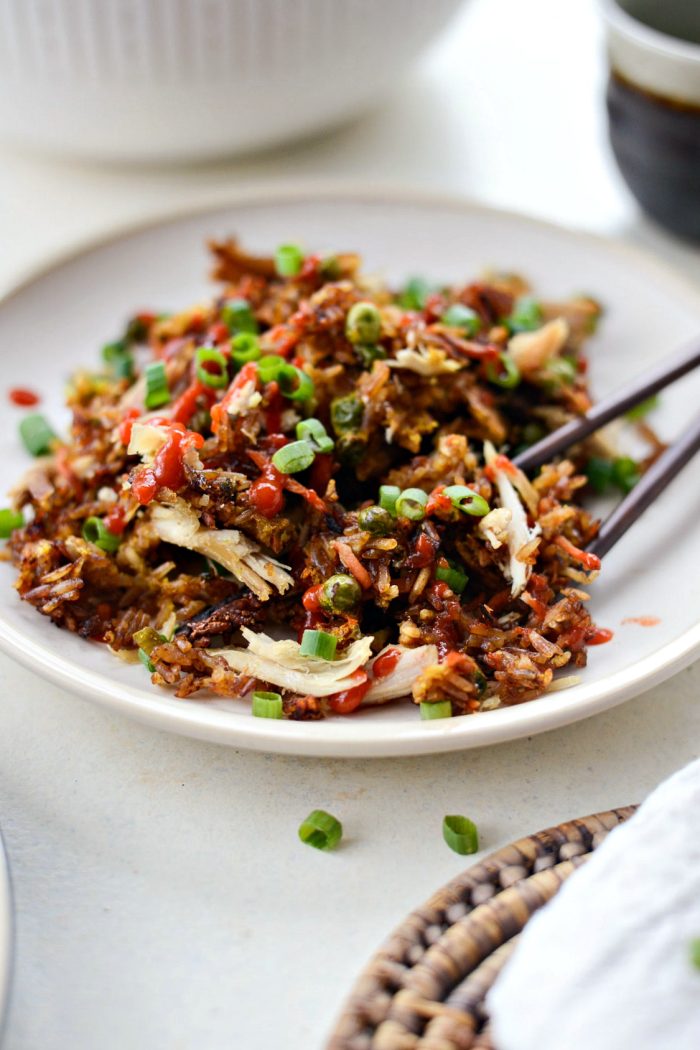 Sheet Pan Chicken Fried Rice l SimplyScratch.com #chicken #friedrice #sheetpan #sheetpandinners #leftovers #rice #easy