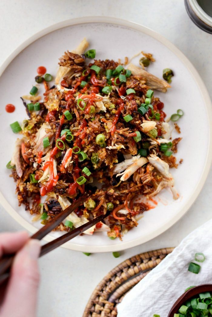 Sheet Pan Chicken Fried Rice l SimplyScratch.com #chicken #friedrice #sheetpan #sheetpandinners #leftovers #rice #easy