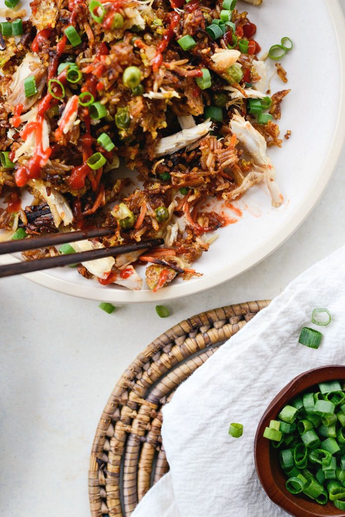 Sheet Pan Chicken Fried Rice l SimplyScratch.com #chicken #friedrice #sheetpan #sheetpandinners #leftovers #rice #easy