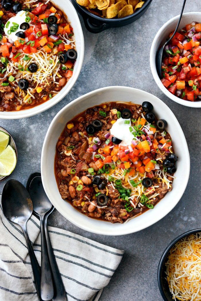 Slow Cooker Taco Chili l SimplyScratch.com #slowcooker #taco #chili #gameday #chilirecipe #tacochili #homemadechili